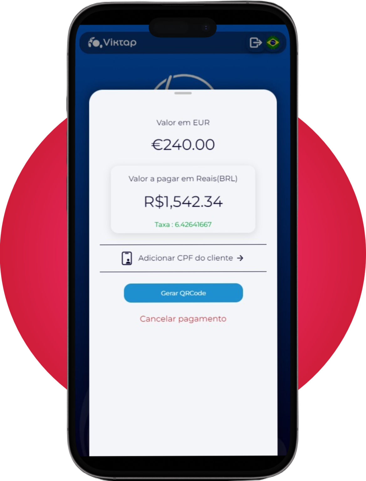 Tela real da aplicação Viktap mostrando a conversão de euros para reais e a geração de QR Code
